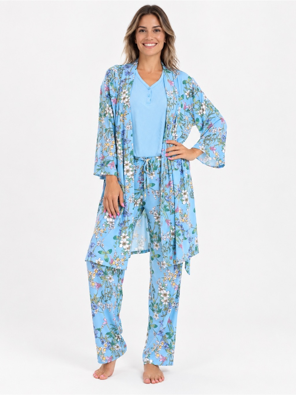 Flora Nikrooz Light Blue Floral 3-Piece Pajama Set with Robe